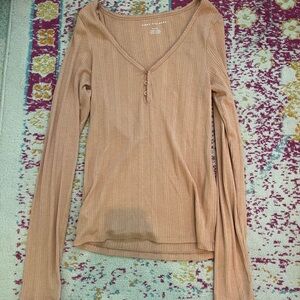 American Eagle Outfitters Tan Ribbed Long Sleeve Blouse